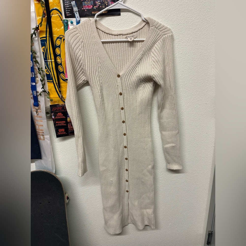 Long-Sleeve Ribbed Button-Front Midi Dress in Cream